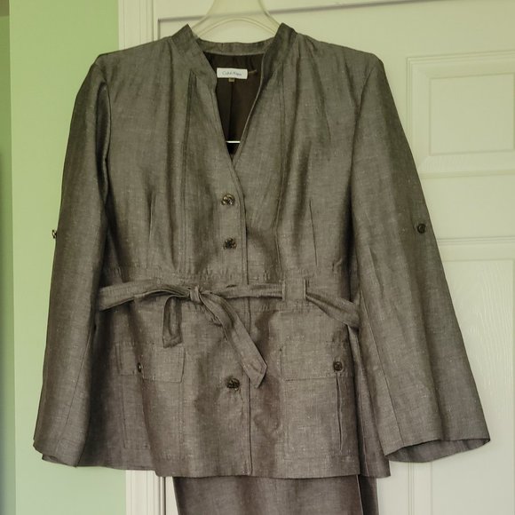 Plus & Tall Calvin Klein Linen Safari Pantsuit Collarless - Picture 1 of 3